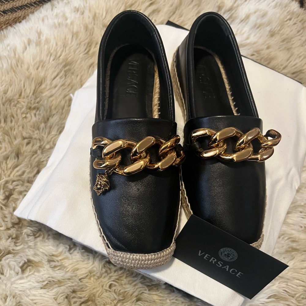 Versace Black Espadrilles with Gold Chain Detail